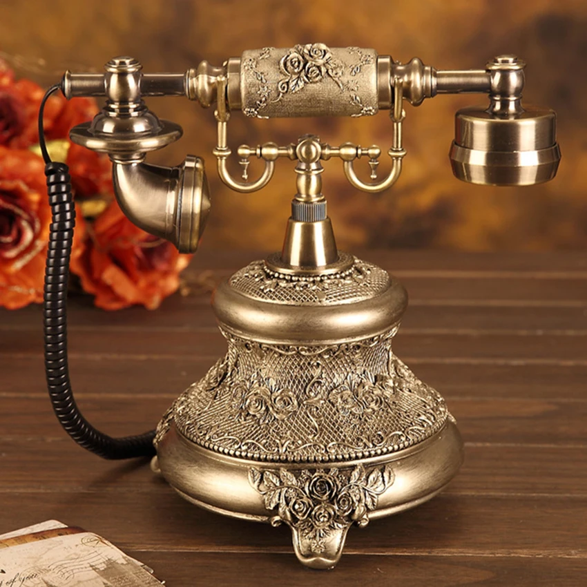 Antique Golden Corded Telephone Retro Vintage Rotary Dial Desk Telephone Phone with Redial, Hands-free, Home Office Decoration 2